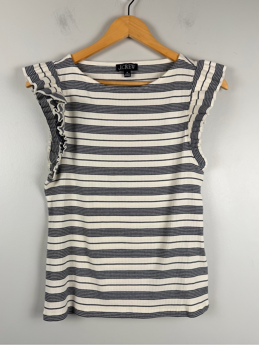 J. Crew Ruffle Sleeve Stripe Ribbed top size medium